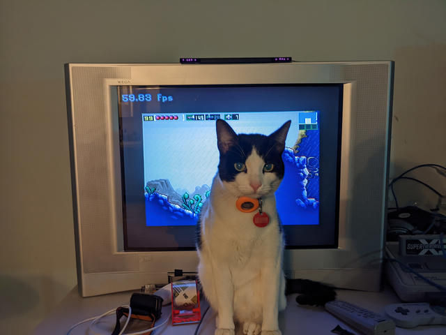 Metroid Zero Mission running on mGBA Wii, played on a 480i Trinitron CRT in 263-line 240p. (If it were 262.5-line 480i, the FPS counter would be closer to 59.94.)